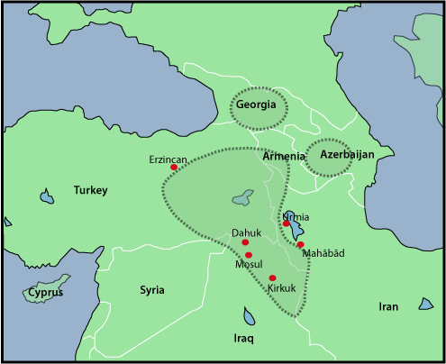 Map of Kurdish speaking areas. Kurdish Dialects Project, University of Manchester